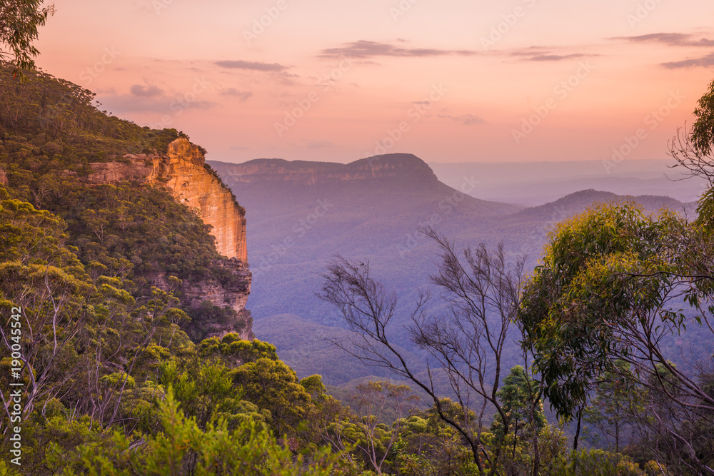 Blue Mountains Australian sunset landscape in Katoomba, New South Wales