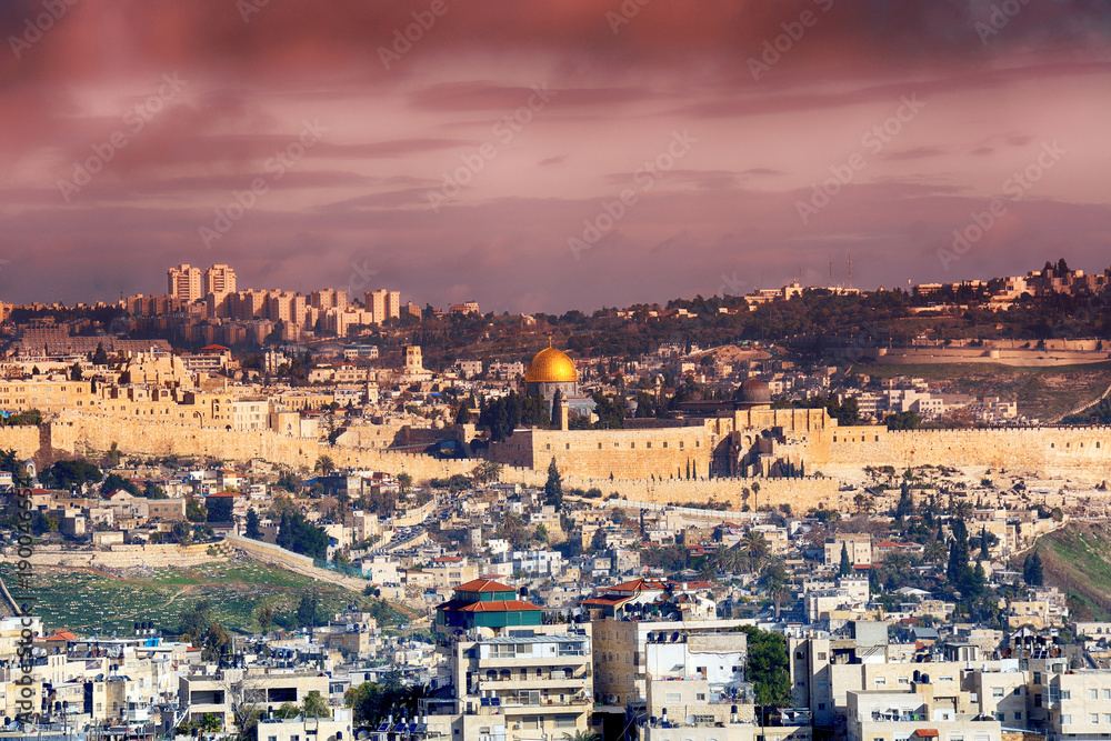 Panorama of Jerusalem Old City and Temple Mount, Israel.