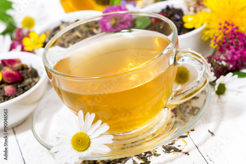 fragrant herbal tea in a cup on white background, closeup
