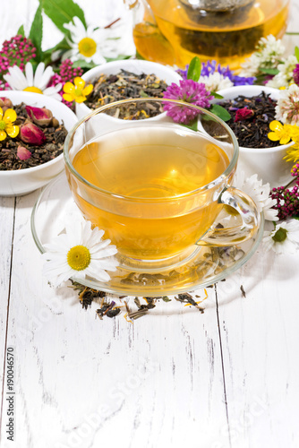 fragrant herbal tea in a cup on white background, vertical top view