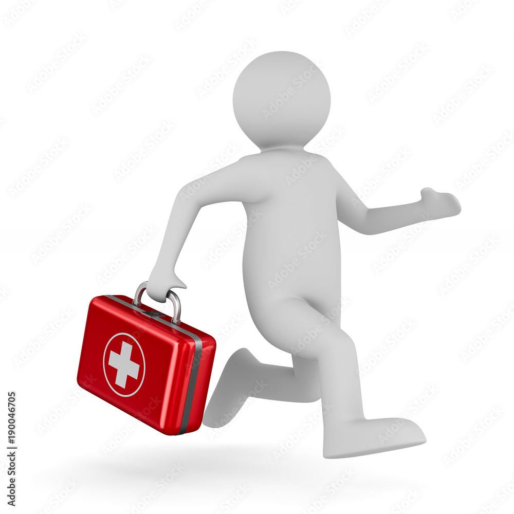 Doctor with first aid kit on white background. Isolated 3D illustration Doctor with first aid kit on white background. Isolated 3D illustration
