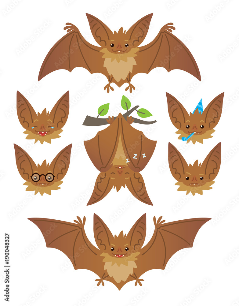 Bat in various poses. Flying, hanging. Brown bat-eared snouts with different emotions. Illustration of modern flat animal emoticons on white background. Cute mascot emoji set. Halloween smiley. Vector Bat in various poses. Flying, hanging. Brown bat-eared snouts with different emotions. Illustration of modern flat animal emoticons on white background. Cute mascot emoji set. Halloween smiley. Vector