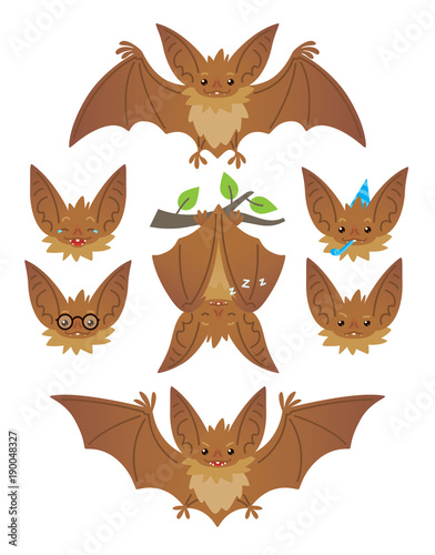 Bat in various poses. Flying  hanging. Brown bat-eared snouts with different emotions. Illustration of modern flat animal emoticons on white background. Cute mascot emoji set. Halloween smiley. Vector