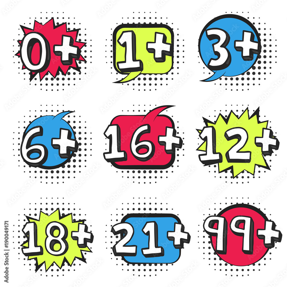 Big set of colorful retro comic speech bubbles with black halftone shadow in pop art style with cartoon age limits signs. Black linear message balloons for advertising text, book, game, product design Big set of colorful retro comic speech bubbles with black halftone shadow in pop art style with cartoon age limits signs. Black linear message balloons for advertising text, book, game, product design