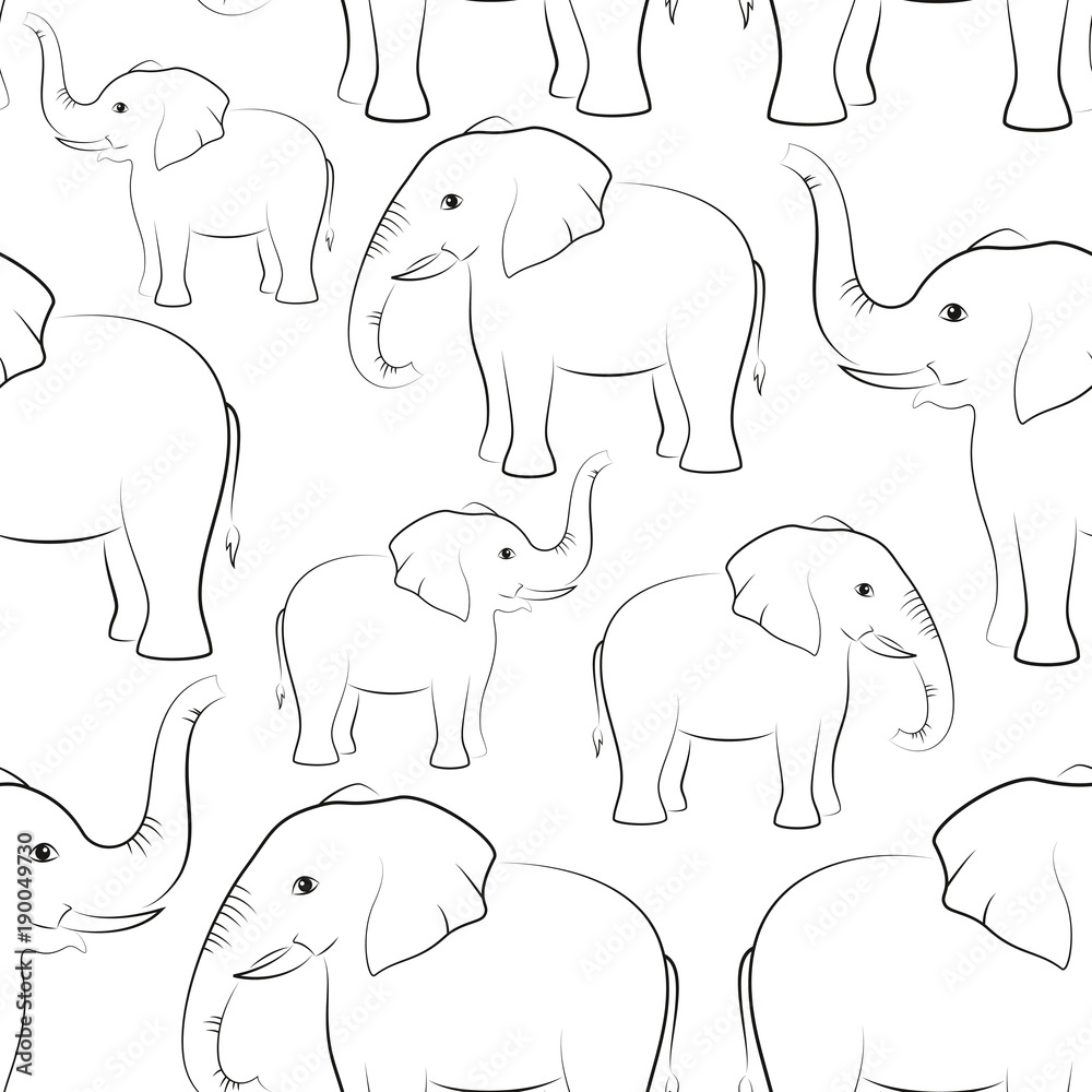 Seamless Pattern, Animals Elephants Outline Pictograms, Black Contours Isolated on Tile White Background. Vector Seamless Pattern, Animals Elephants Outline Pictograms, Black Contours Isolated on Tile White Background. Vector