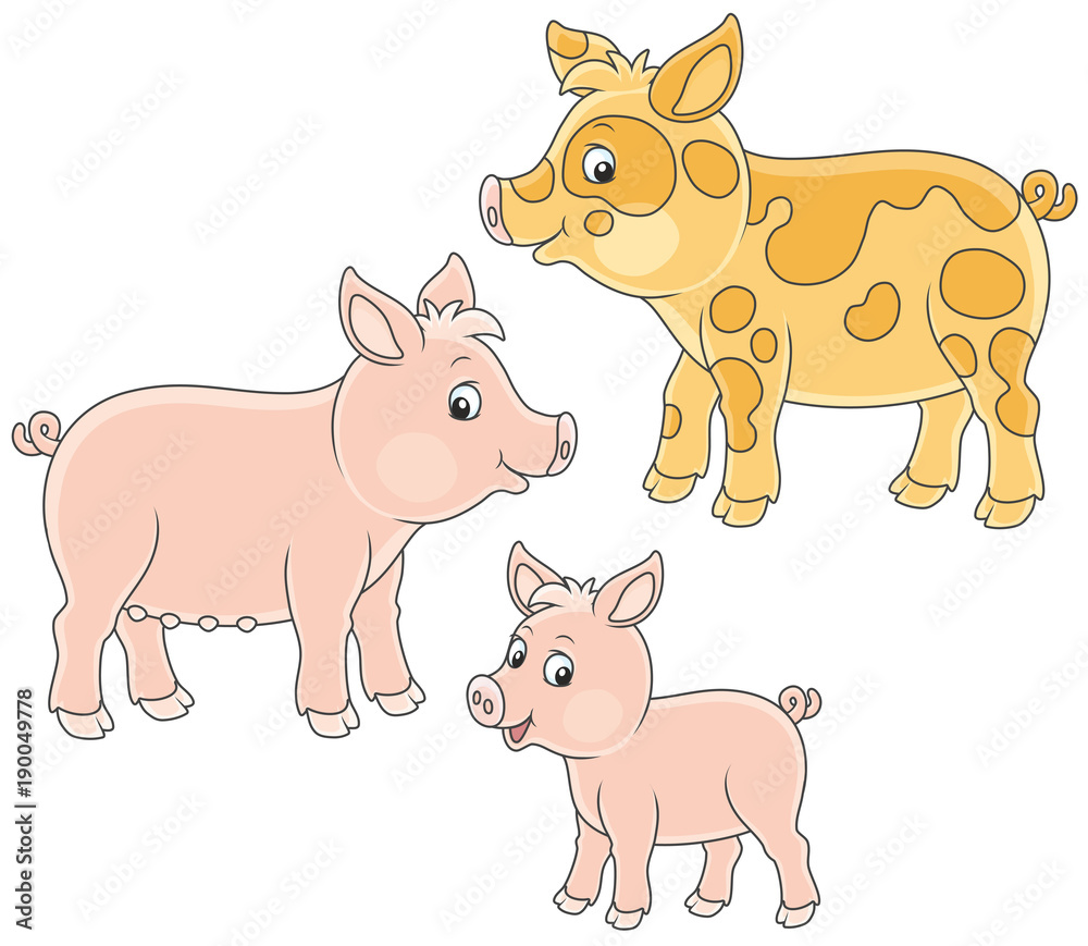 Funny family of a small pink piglet, a pig and a hog, vector illustrations in cartoon style