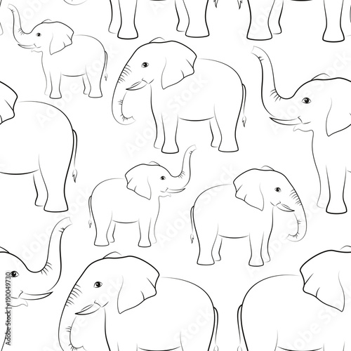 Seamless Pattern, Animals Elephants Outline Pictograms, Black Contours Isolated on Tile White Background. Vector