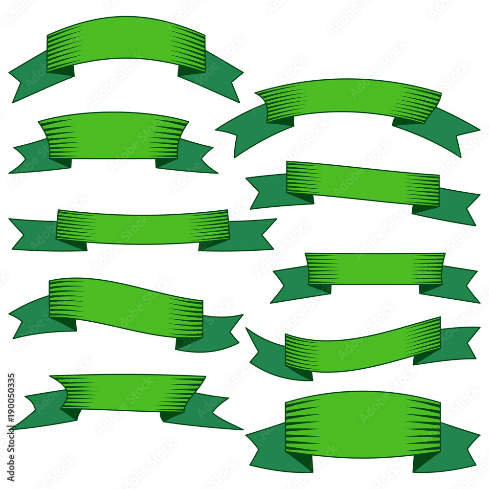 Set of ten green ribbons and banners for web design. Great design element isolated on white background. Vector illustration.
