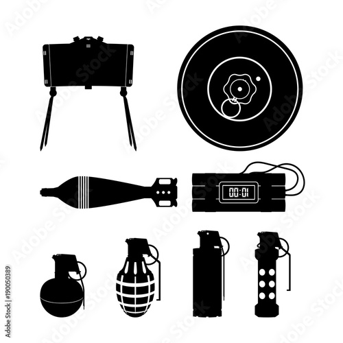 Black silhouette of hand grenade, mine and dinamite. Army explosive set. 3d weapon icons. Military isolated objects. Vector illustration