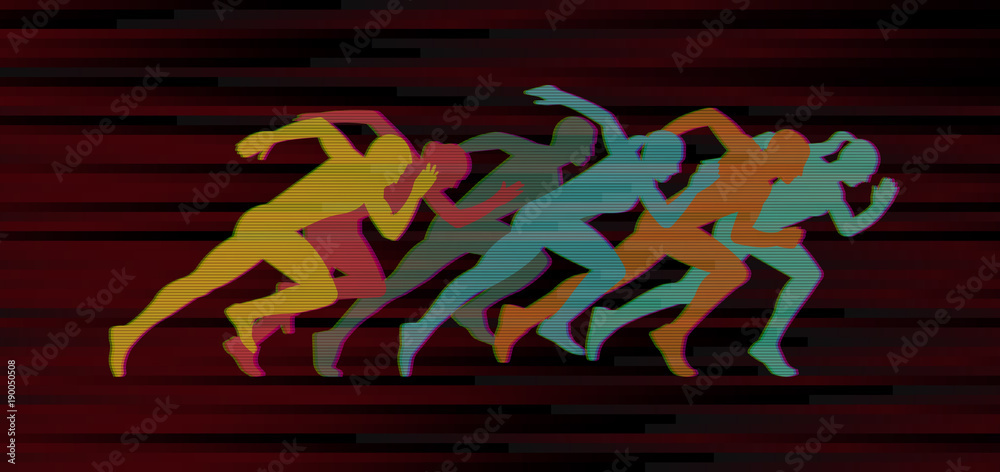 Group of running people in the style of glitch art. Group of running people in the style of glitch art.