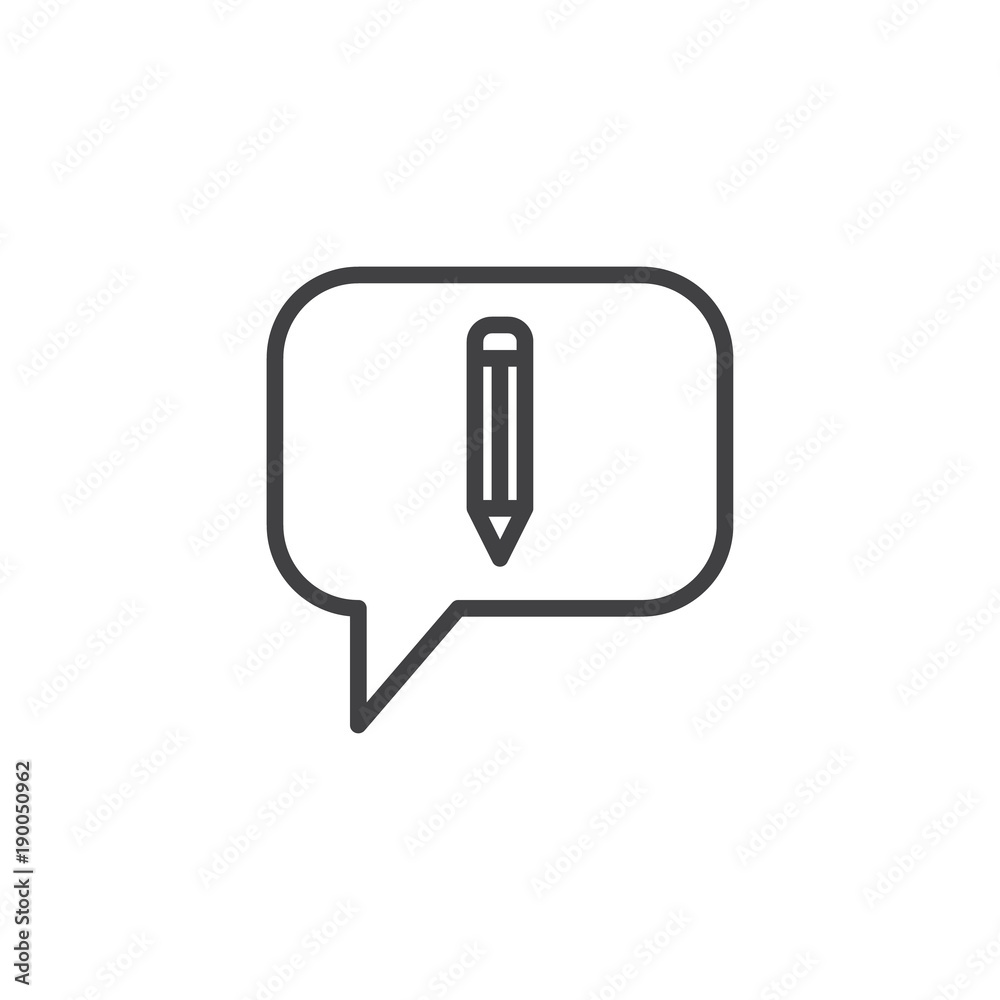 Speech bubble and pen line icon, outline vector sign, linear style pictogram isolated on white. Conversation symbol, logo illustration. Editable stroke Speech bubble and pen line icon, outline vector sign, linear style pictogram isolated on white. Conversation symbol, logo illustration. Editable stroke