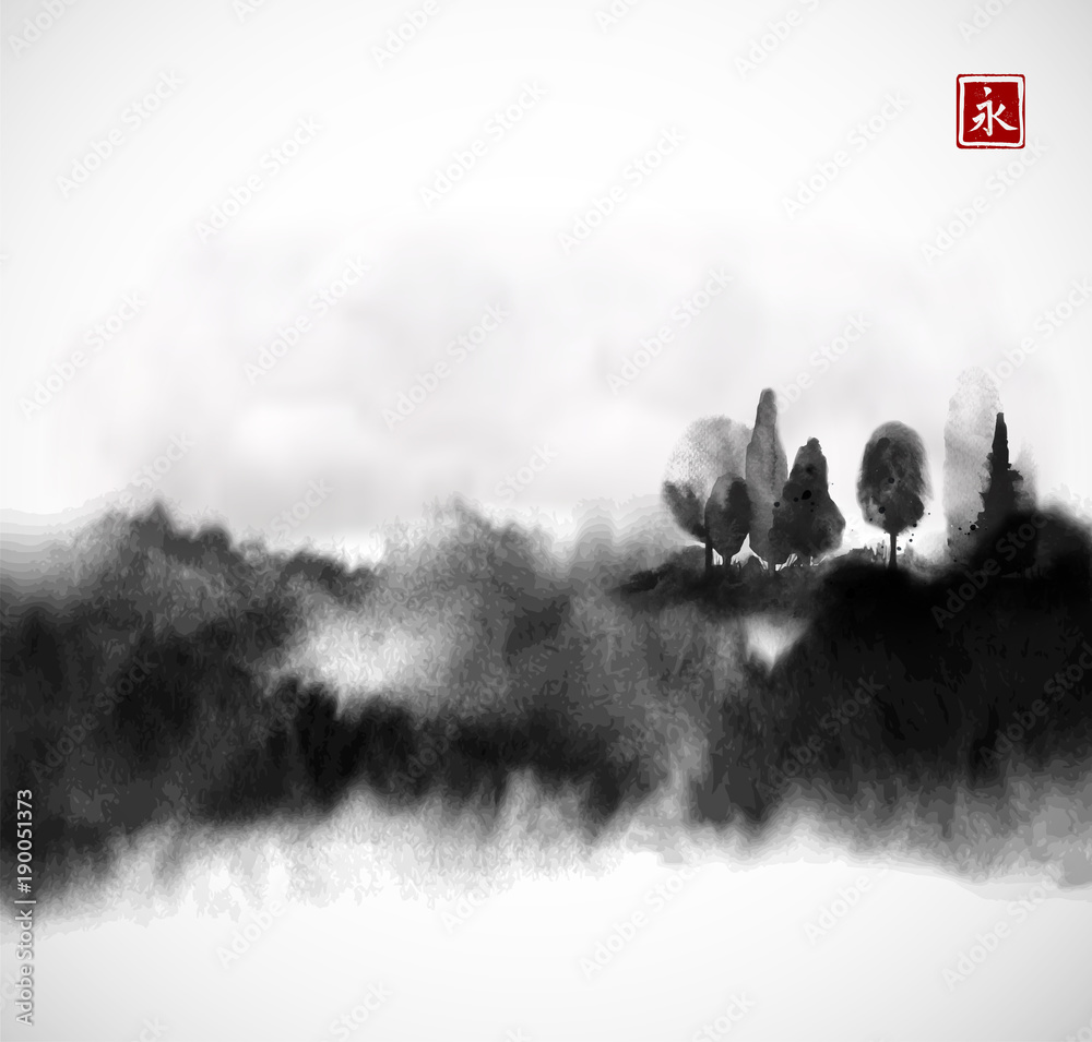 Fototapeta premium Stylized black ink wash painting with misty forest trees on white background. Traditional oriental ink painting sumi-e, u-sin, go-hua. Hieroglyph - eternity.