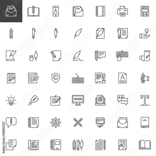 Copywriting line icons set, outline vector symbol collection, linear style pictogram pack. Writer, blogging signs, logo illustration. Set includes icons as letter, notebook, pen, pencil, feather
