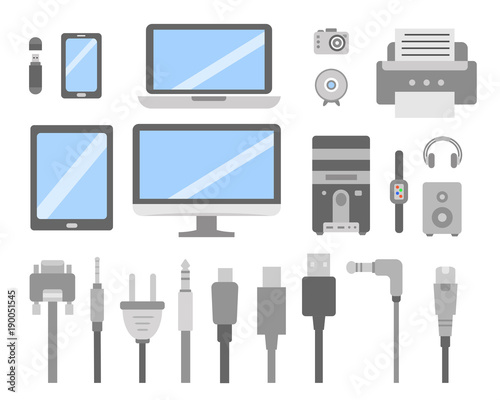 Vector set of PC gadgets and devices flat icons. Cable wire computer and electricity plug collection.
