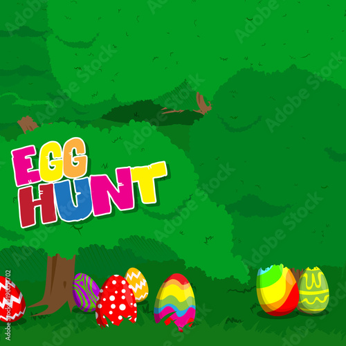 Easter egg hunt invitation with dyed eggs in a green forest. Vector cartoon character illustration.