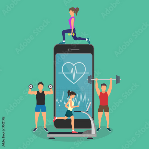 Young men and women are standing near big smartphone with app for sport and fitness tracking heart beating data and getting information of pulse rate