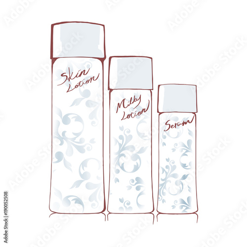 化粧水ボトル３点セット 柄入り 白背景ボトルのイラスト素材 Stock Illustration Adobe Stock