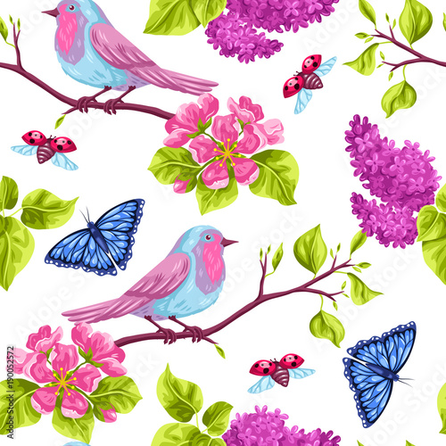 Spring garden seamless pattern. Natural illustration with blossom flower  robin birdie and butterfly