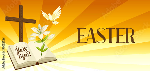 Silhouette of wooden cross with bible, lily and dove. Happy Easter concept illustration or greeting card. Religious symbols of faith against sunrise sky