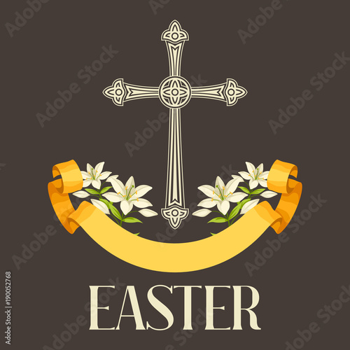 Silhouette of ornate cross with lilies. Happy Easter concept illustration or greeting card. Religious symbols of faith