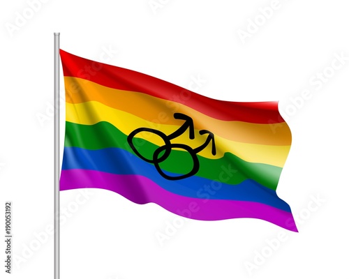 Rainbow waving flag movement lgbt, men symbol, realistic icon. Element of sexual minorities, gays and lesbians. Vector illustration of a colorful canvas
