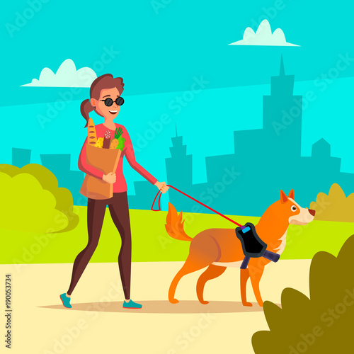 Blind Woman Vector. Young Person With Pet Dog Helping Companion. Disability Socialization Concept. Blind Female And Guide Dog On Crosswalk. Cartoon Character Illustration