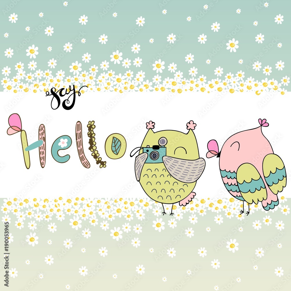 Obraz premium Card with cartoon owls in bright colors. Say hello.