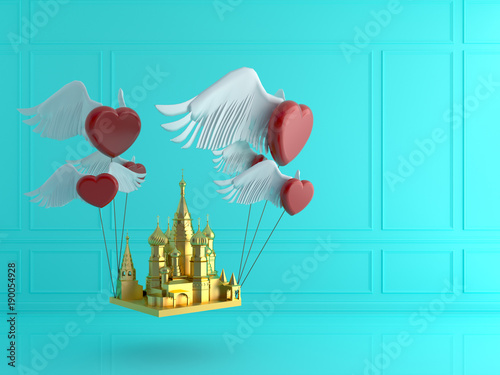 Golden  St. Basil's Cathedral with red heart in blue room .Love travel Moscow concept.3d render