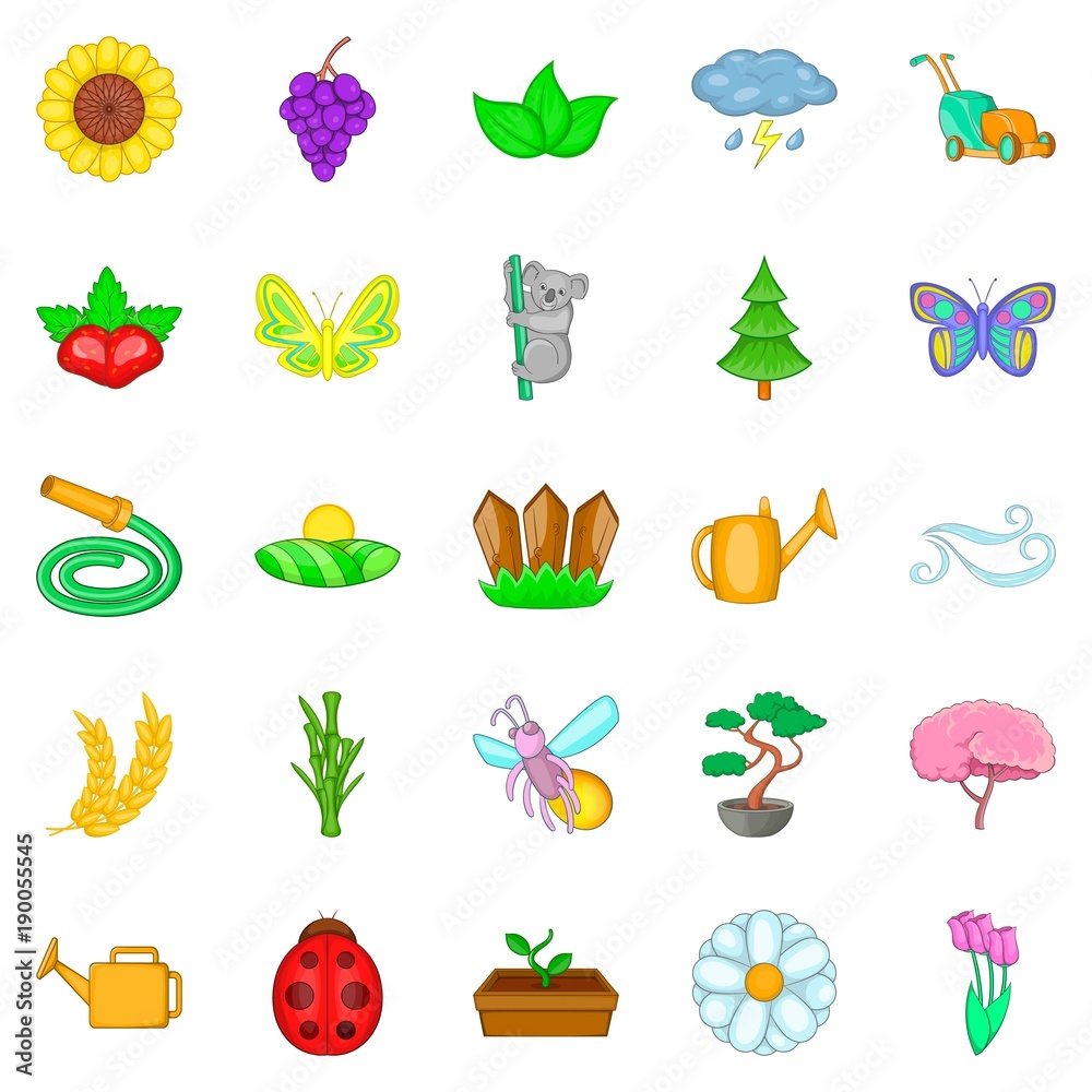 Flowering icons set, cartoon style Flowering icons set, cartoon style