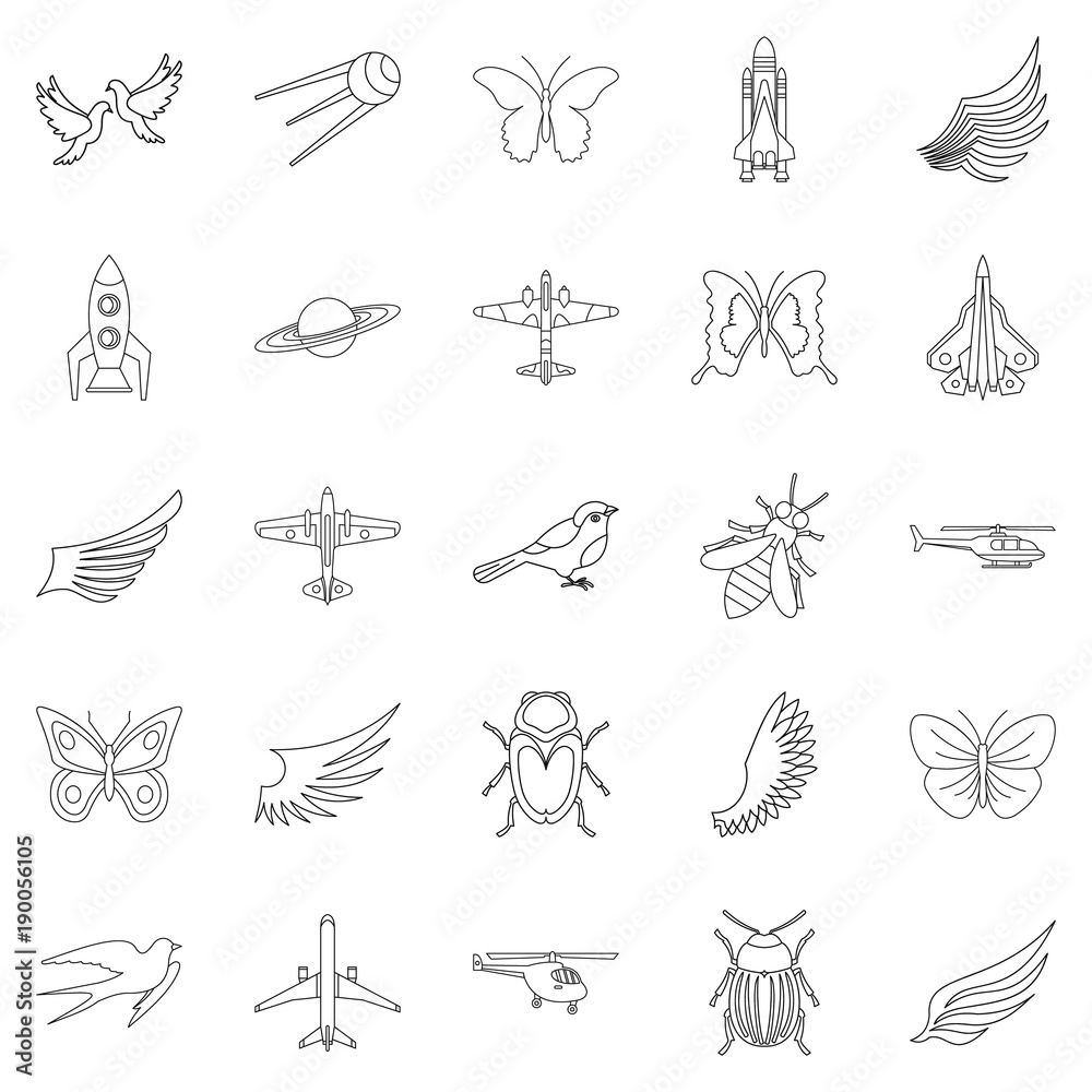 Fototapeta premium Flight on wing icons set, outline style