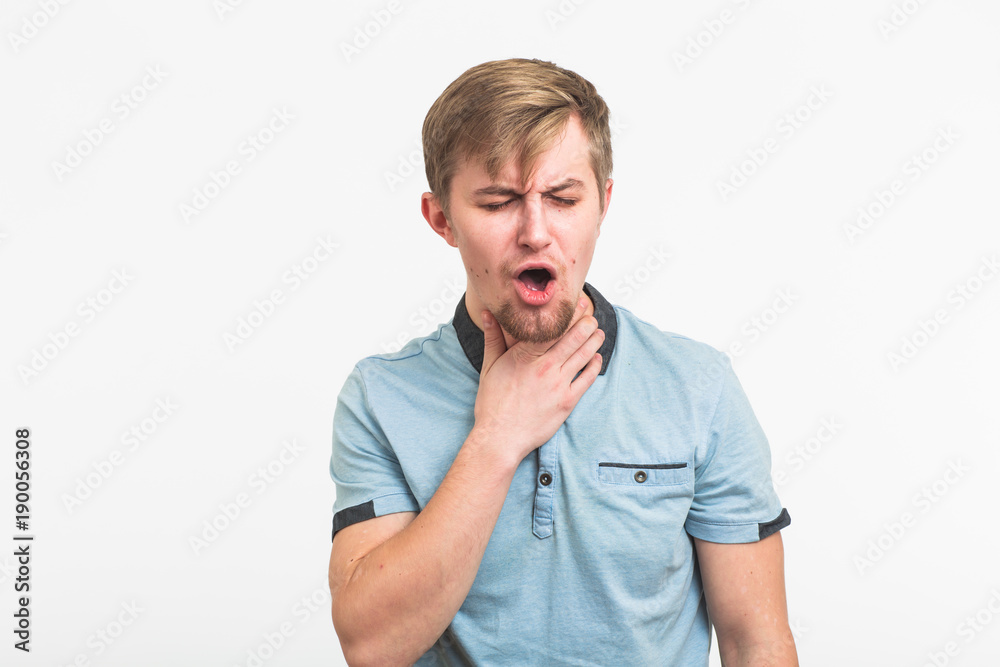Sore throat. Men touching the neck on white background Sore throat. Men touching the neck on white background