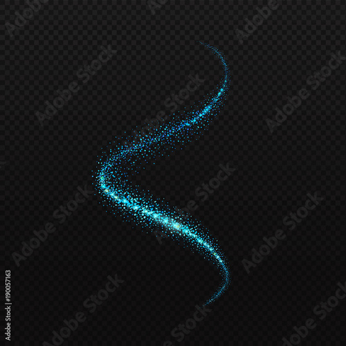Vector blue neon spiral. Glowing spark trail tracing on transparent black background. Blue glitter confetti spiral wave line