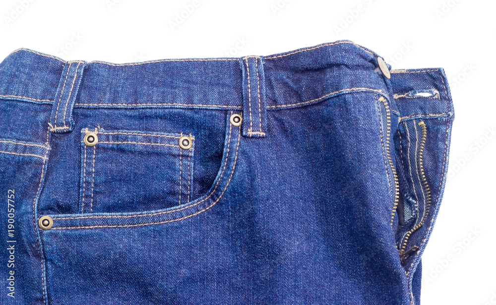 Fragment of the new classical blue jeans on white background Fragment of the new classical blue jeans on white background