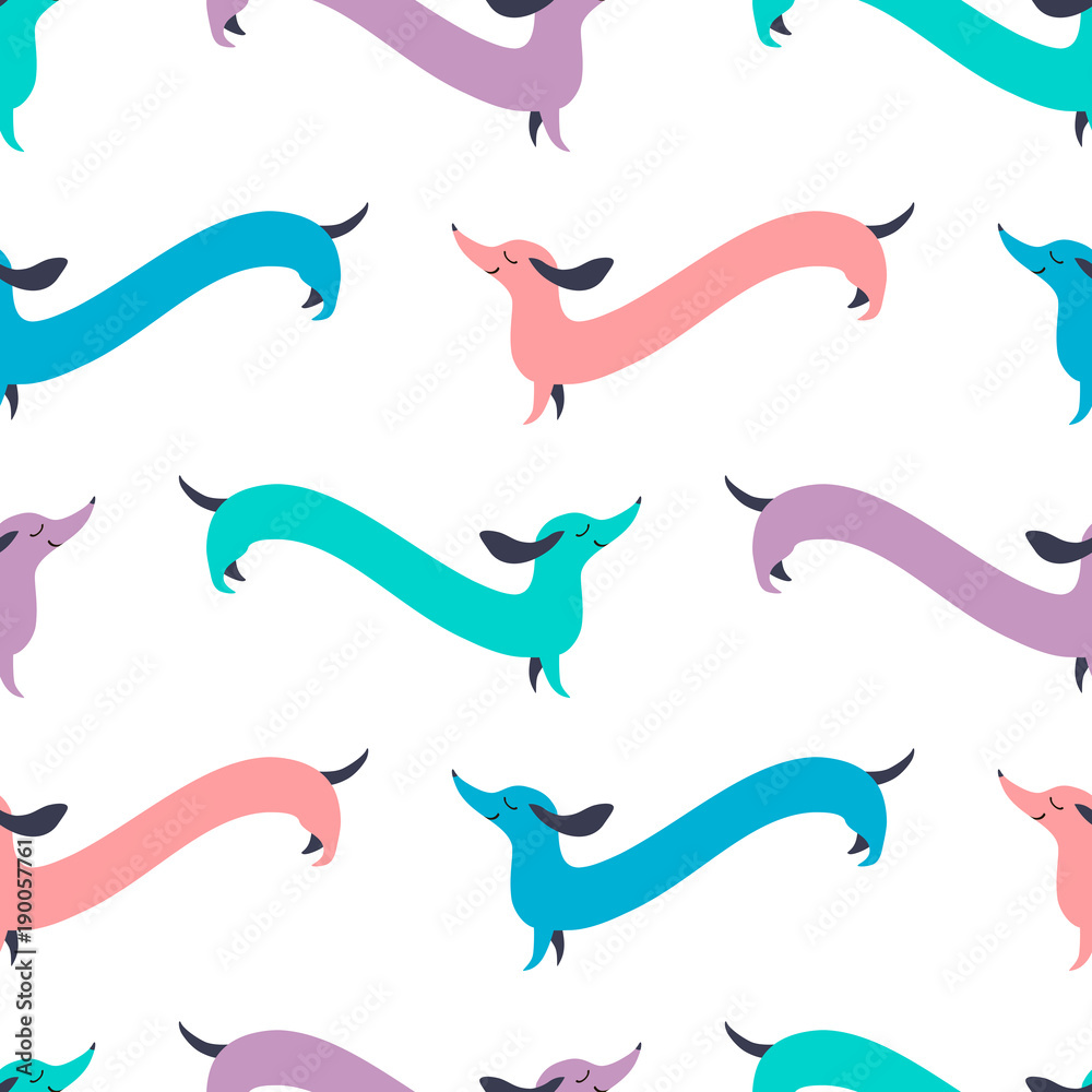 Fototapeta premium Vector seamless pattern with funny long Dachshund dog. Cute background in cartoon style. Design element can be used for decoration of greetings cards, invitations, posters, banners, wrapping