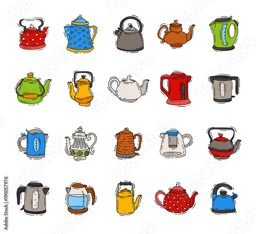 Teapot and kettle vector teakettle to drink tea on teatime and boiled coffee beverage in electric boiler in kitchen illustration kitchenware set isolated on white background