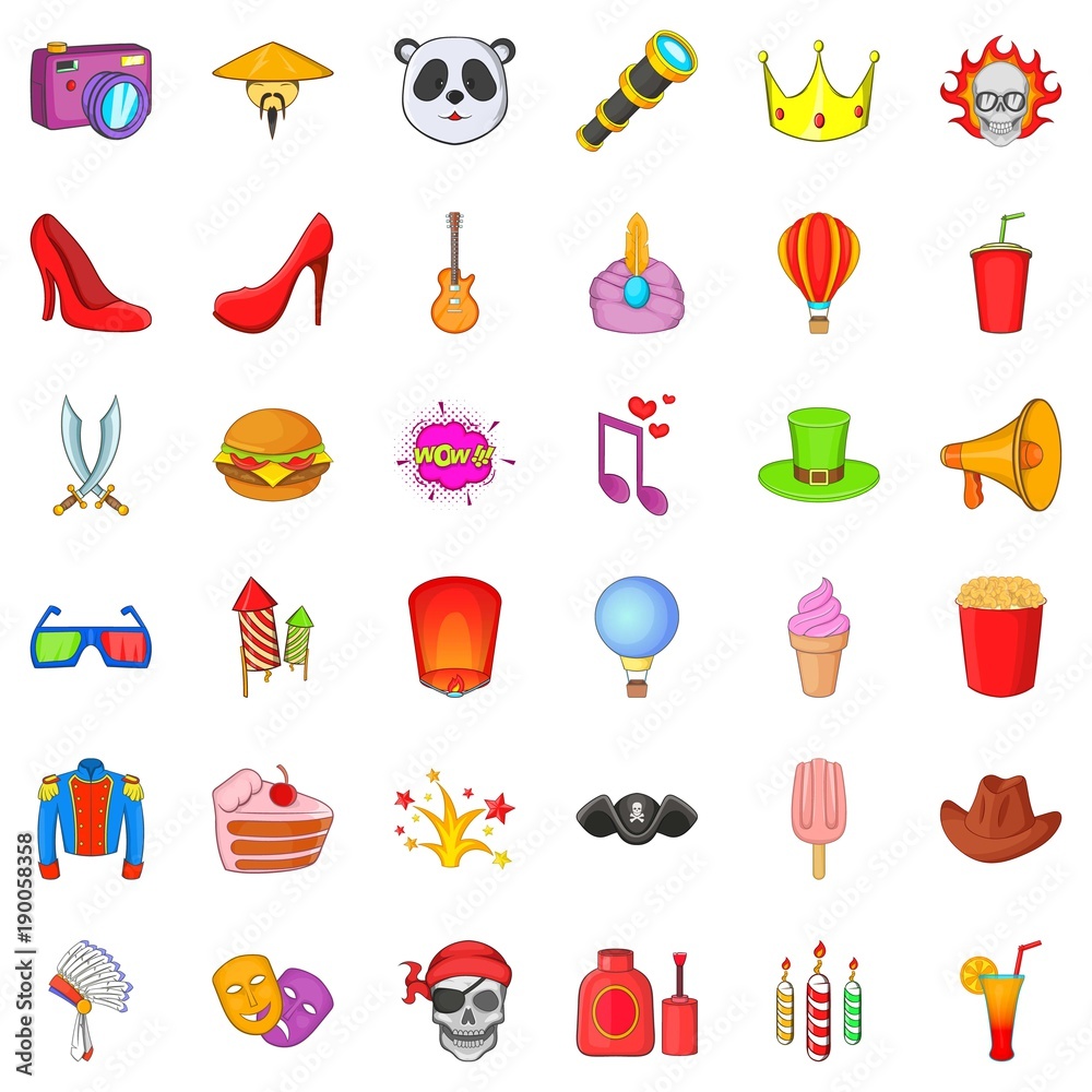 Costume party icons set, cartoon style