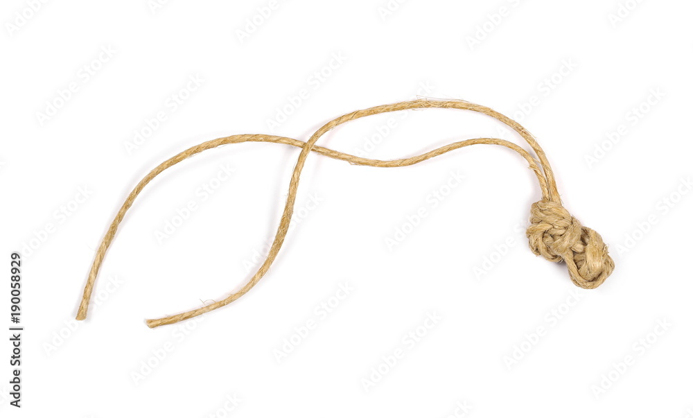 String, rope tied into knot isolated on white background and texture, top view