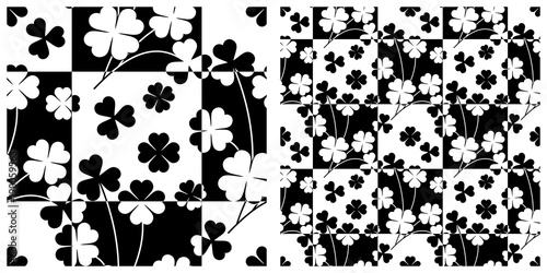 Seamless pattern for Saint Patrick's Day of clover or shamrock intersected with grid or chess board.