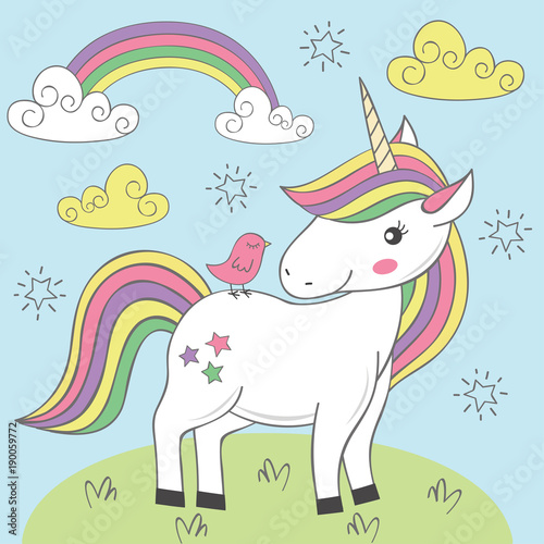 unicorn and bird on the meadow - vector illustration, eps 