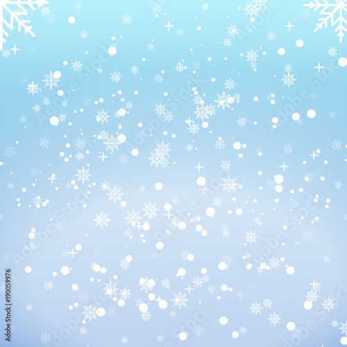 Falling shining snow or snowflakes on blue background for  Happy New Year. Vector