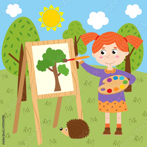 girl draws on canvas in the forest - vector illustration  eps