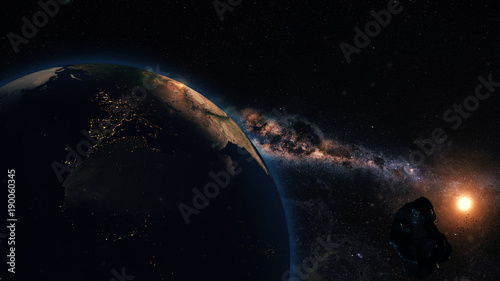 Computer generated image of an asteroid coming close to planet Earth. Conceptual image