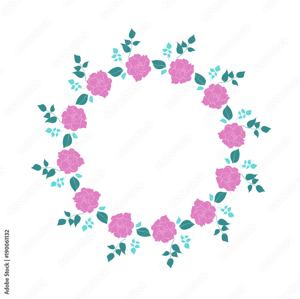 Wreath with roses flowers hand drawn isolated on white. Round frame for invitation ,wedding, birthday card, vector illustration. . Wreath with roses flowers hand drawn isolated on white. Round frame for invitation ,wedding, birthday card, vector illustration. .