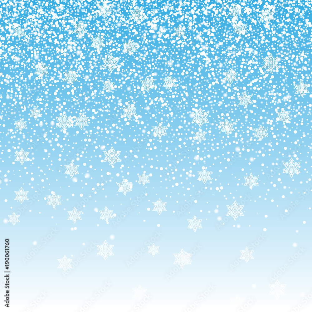 Falling shining snow or snowflakes on blue background for  Happy New Year. Vector