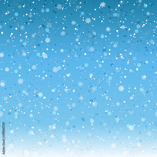 Falling shining snow or snowflakes on blue background for  Happy New Year. Vector