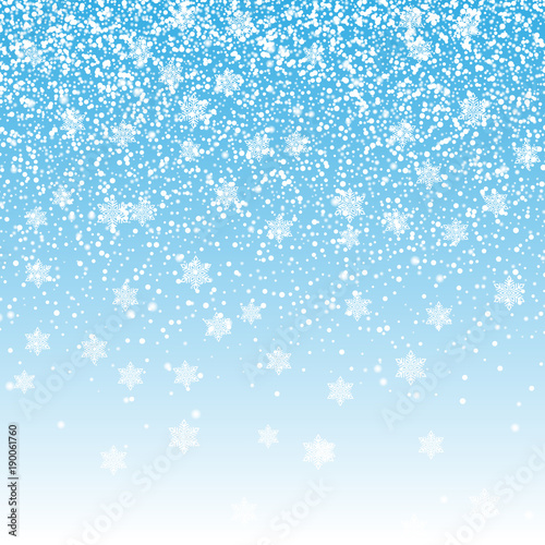 Falling shining snow or snowflakes on blue background for  Happy New Year. Vector