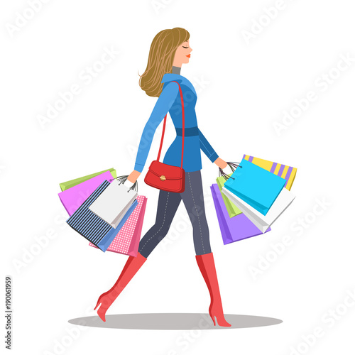 Shopping girl. Woman with colourful shopping bags. Sale and shopping concept. Vector illustration, eps 10.