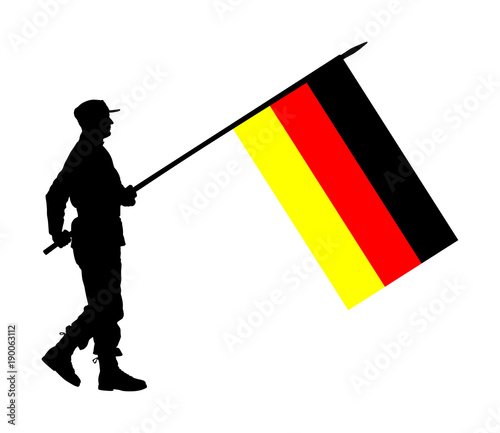 Germany soldier with flag vector silhouette illustration. Ceremonial day of independence. Memorial army saluting, national veteran day. Battle for freedom ceremony. Military walk for German liberty.
