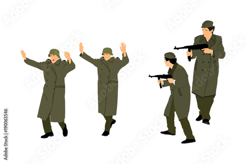 Red army soldiers, American soldiers, Partisans against Nazi Germany in WW2 vector. Fierce struggle in occupied Europe. Soviet troops against aggressors in battle. Nazi Germany soldiers surrendering. 