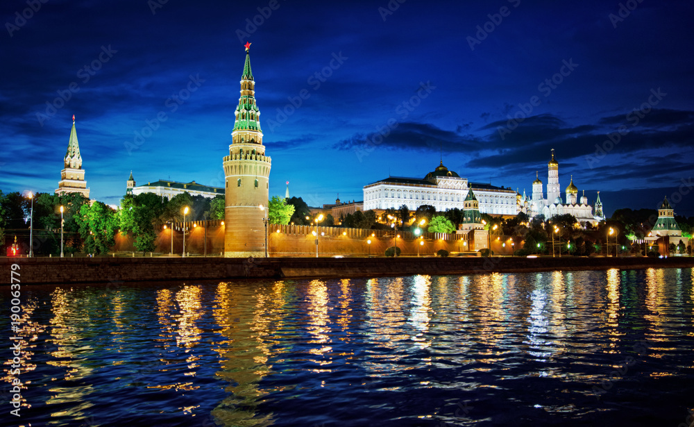 Russia, Moscow, night view of the River, Bridge and the Kremlin.